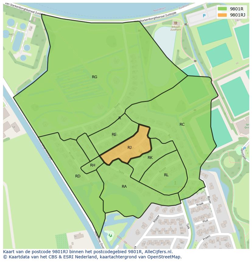 Afbeelding van het postcodegebied 9801 RJ op de kaart.