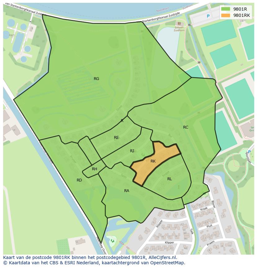 Afbeelding van het postcodegebied 9801 RK op de kaart.
