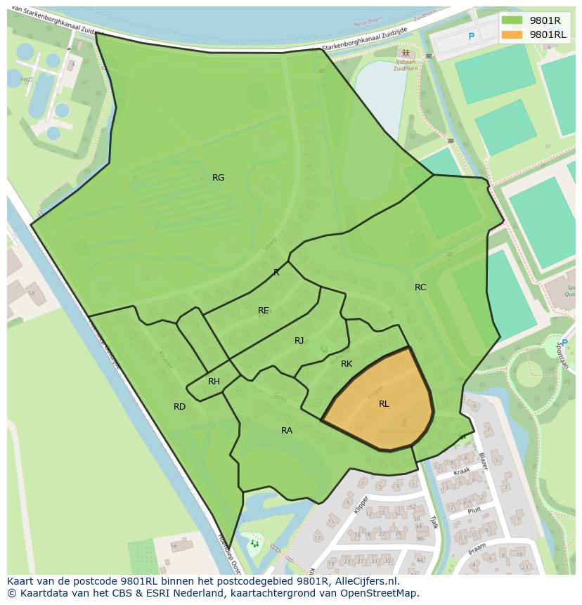 Afbeelding van het postcodegebied 9801 RL op de kaart.
