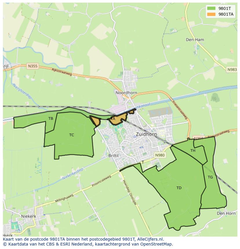 Afbeelding van het postcodegebied 9801 TA op de kaart.
