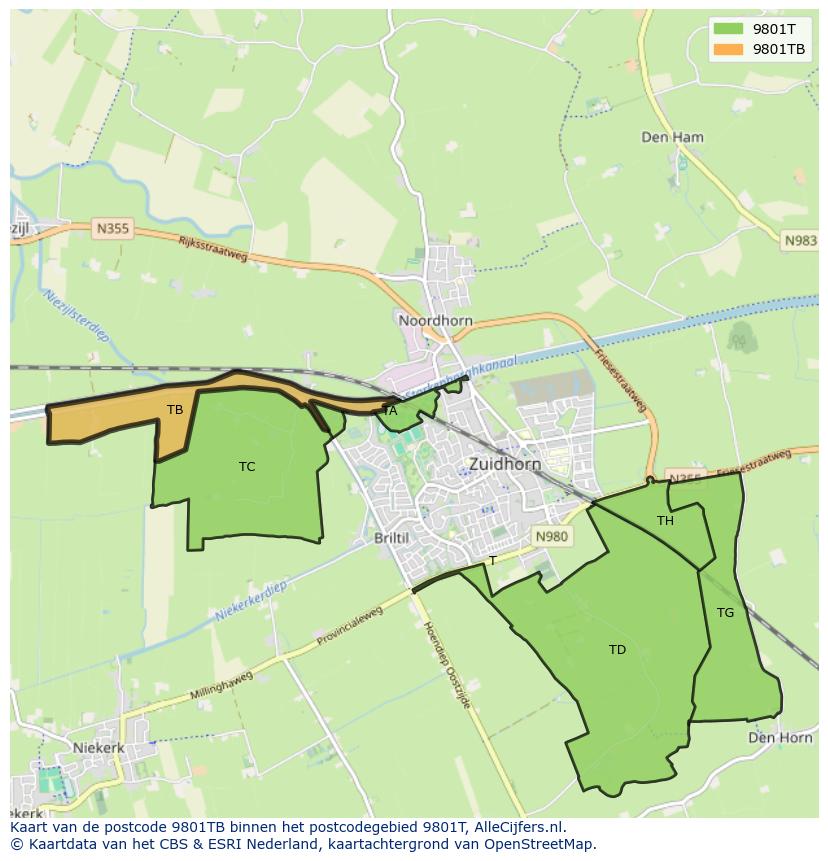 Afbeelding van het postcodegebied 9801 TB op de kaart.