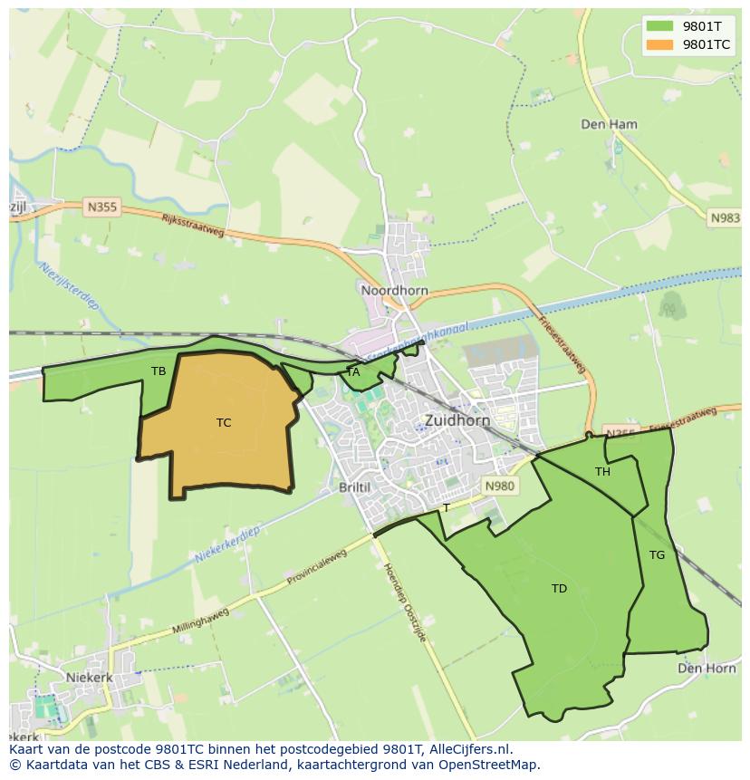 Afbeelding van het postcodegebied 9801 TC op de kaart.