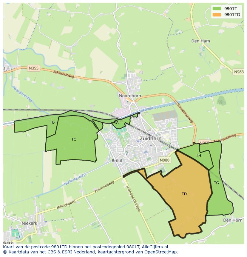 Afbeelding van het postcodegebied 9801 TD op de kaart.