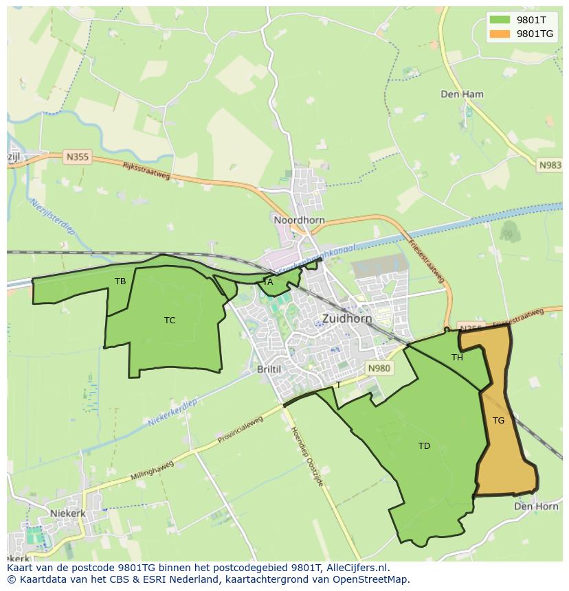 Afbeelding van het postcodegebied 9801 TG op de kaart.