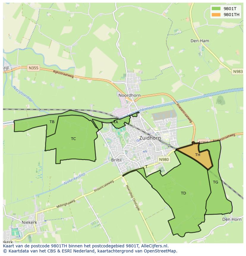 Afbeelding van het postcodegebied 9801 TH op de kaart.