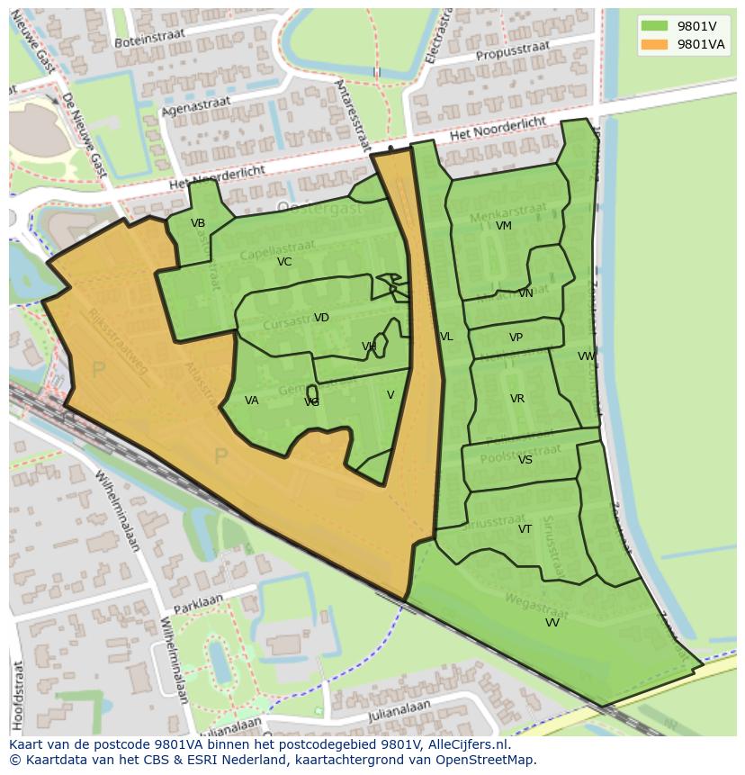 Afbeelding van het postcodegebied 9801 VA op de kaart.