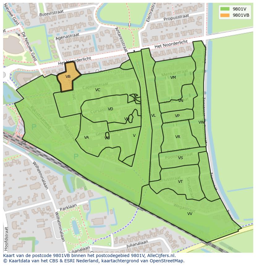 Afbeelding van het postcodegebied 9801 VB op de kaart.