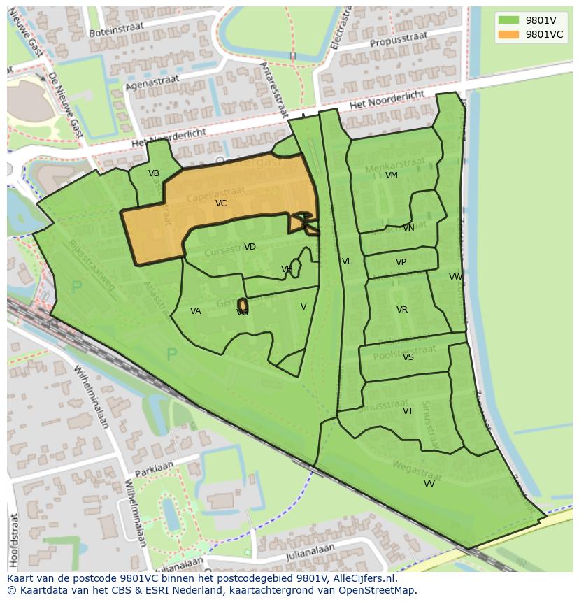 Afbeelding van het postcodegebied 9801 VC op de kaart.