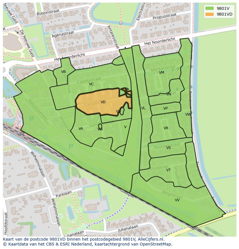Afbeelding van het postcodegebied 9801 VD op de kaart.