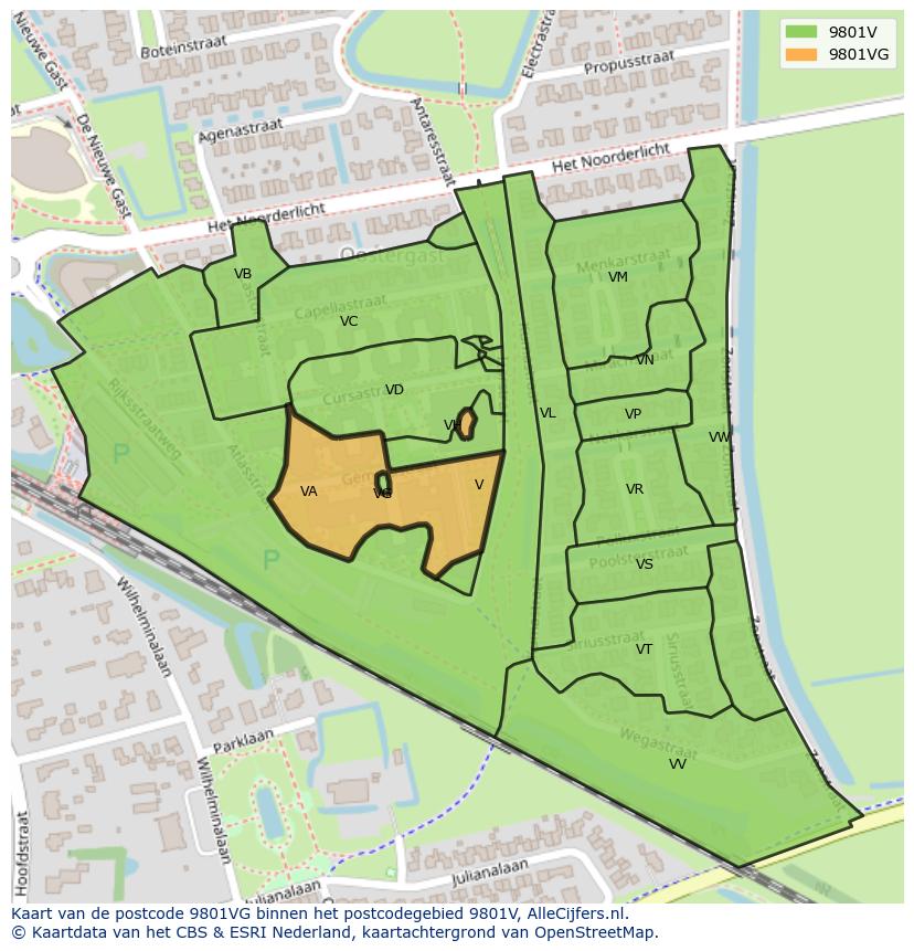 Afbeelding van het postcodegebied 9801 VG op de kaart.