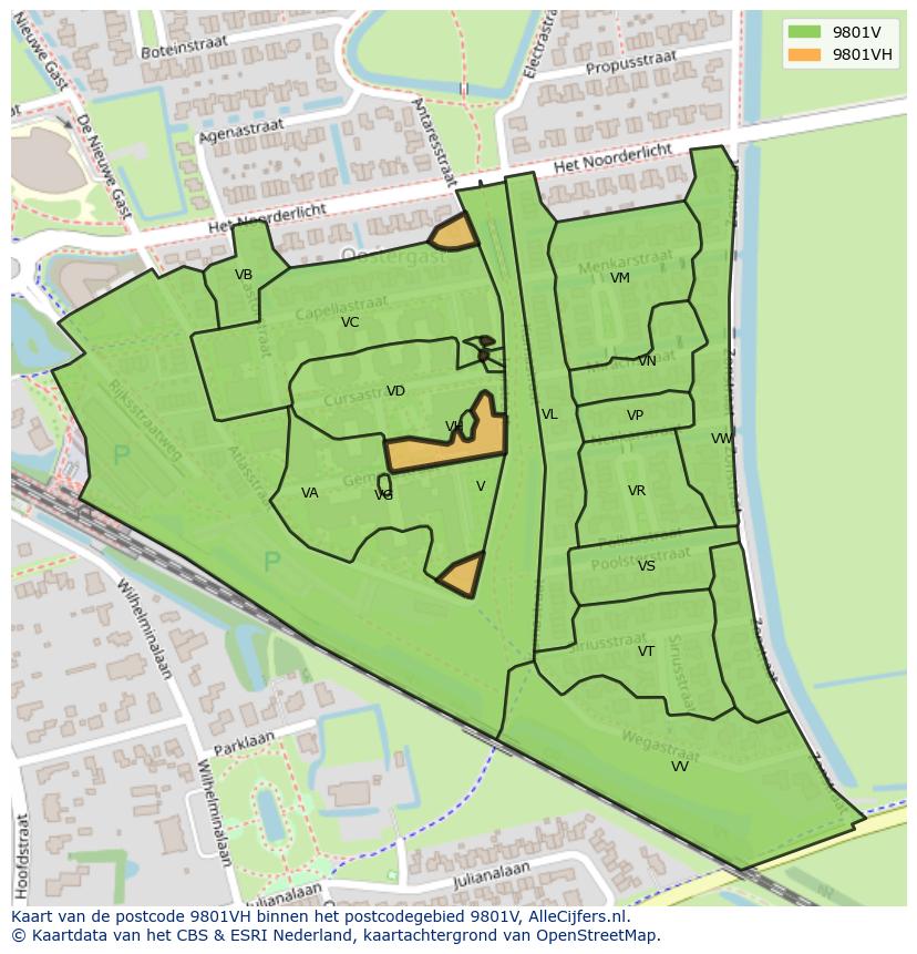 Afbeelding van het postcodegebied 9801 VH op de kaart.