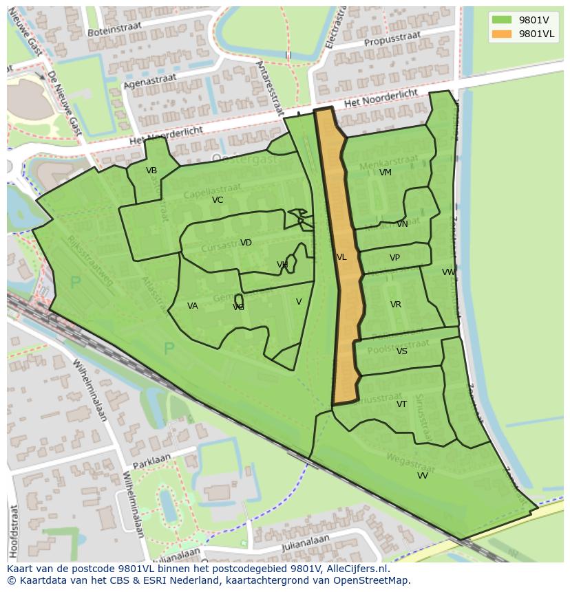 Afbeelding van het postcodegebied 9801 VL op de kaart.