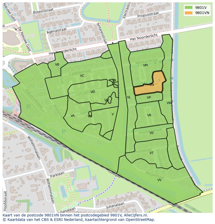 Afbeelding van het postcodegebied 9801 VN op de kaart.