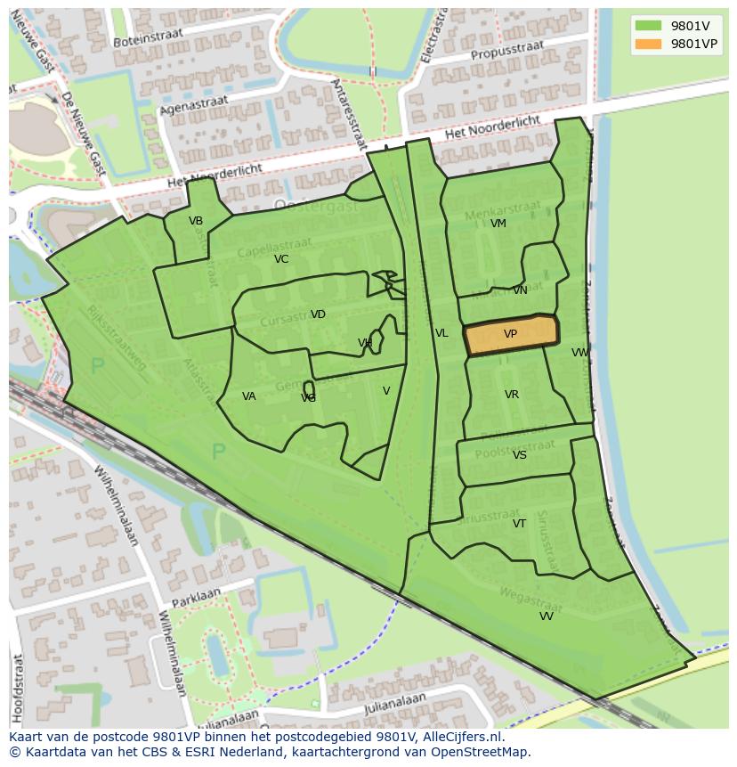 Afbeelding van het postcodegebied 9801 VP op de kaart.