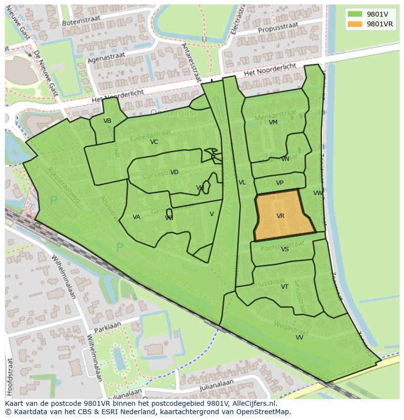 Afbeelding van het postcodegebied 9801 VR op de kaart.