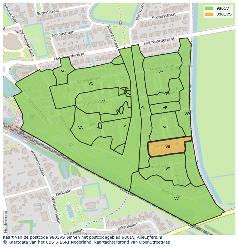 Afbeelding van het postcodegebied 9801 VS op de kaart.