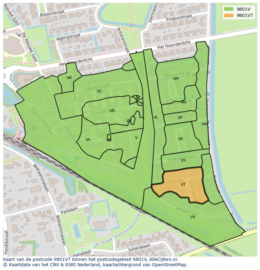 Afbeelding van het postcodegebied 9801 VT op de kaart.