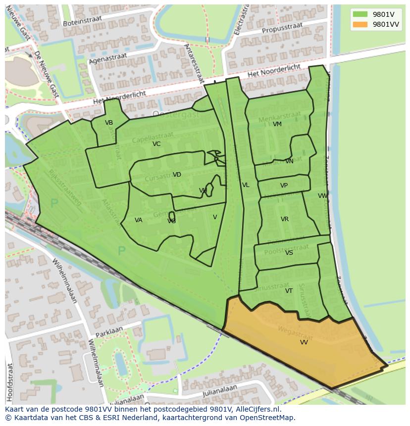 Afbeelding van het postcodegebied 9801 VV op de kaart.