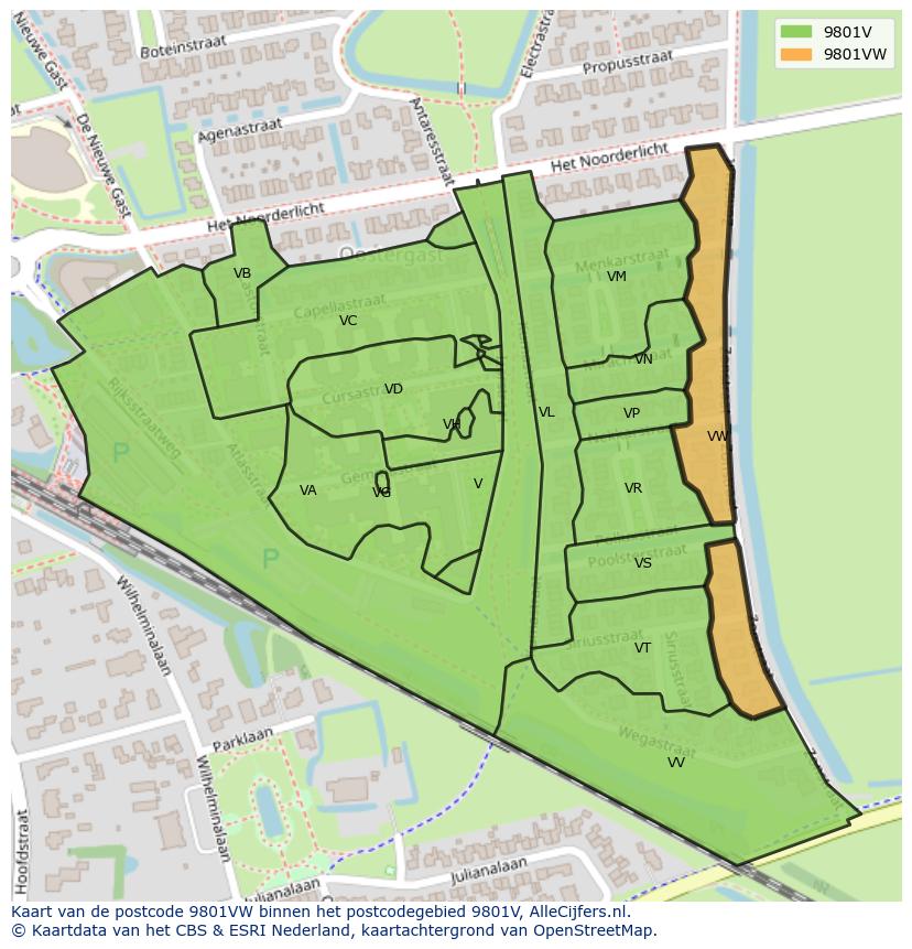Afbeelding van het postcodegebied 9801 VW op de kaart.