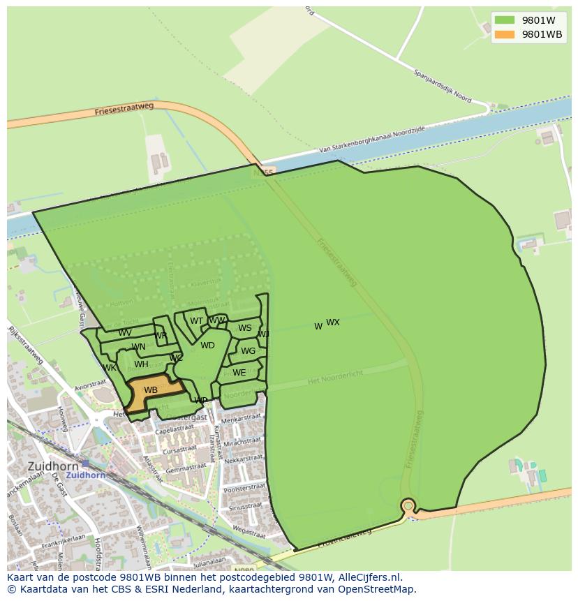 Afbeelding van het postcodegebied 9801 WB op de kaart.