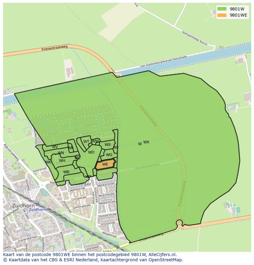 Afbeelding van het postcodegebied 9801 WE op de kaart.