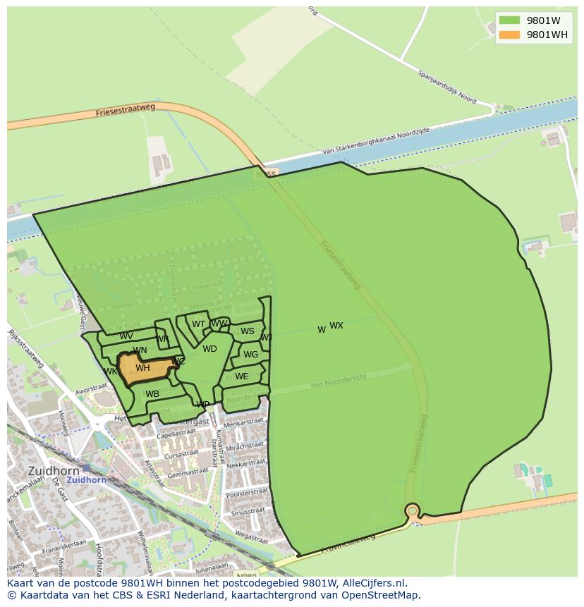 Afbeelding van het postcodegebied 9801 WH op de kaart.