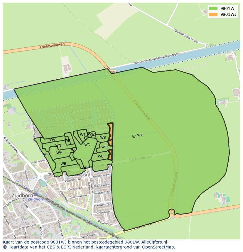 Afbeelding van het postcodegebied 9801 WJ op de kaart.