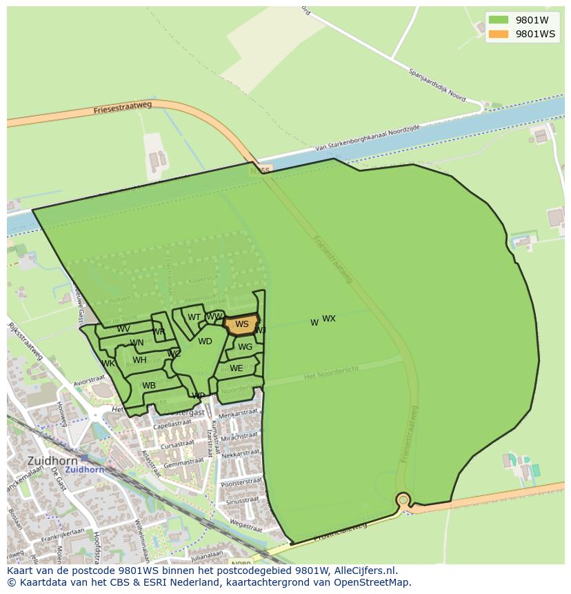 Afbeelding van het postcodegebied 9801 WS op de kaart.