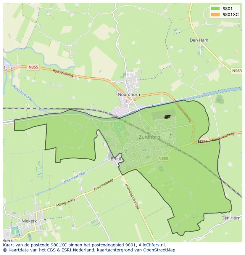 Afbeelding van het postcodegebied 9801 XC op de kaart.