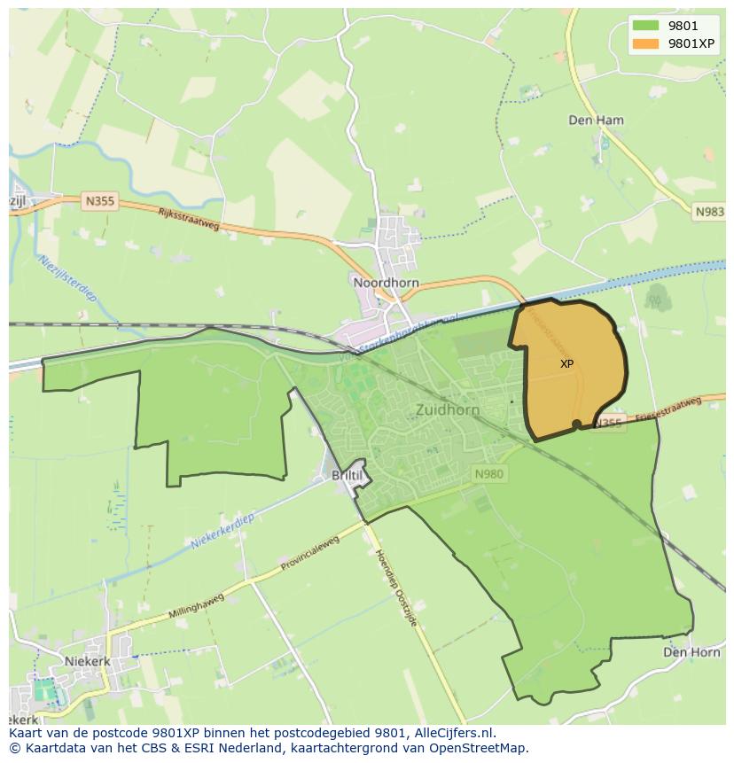 Afbeelding van het postcodegebied 9801 XP op de kaart.