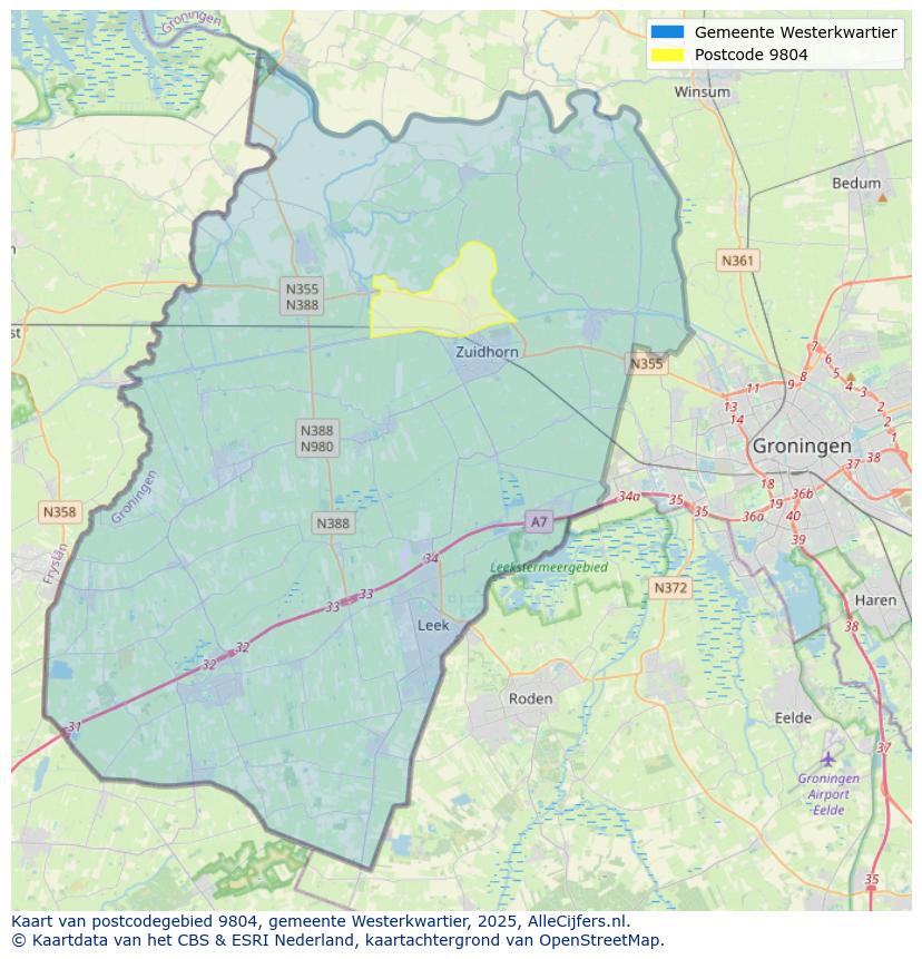 Afbeelding van het postcodegebied 9804 op de kaart.
