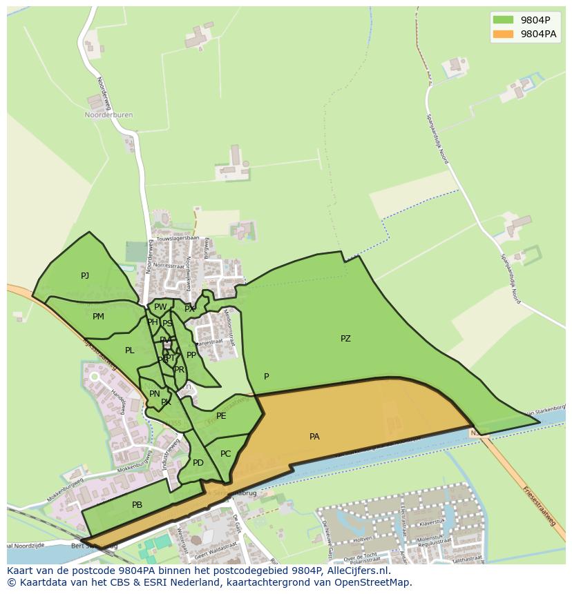 Afbeelding van het postcodegebied 9804 PA op de kaart.