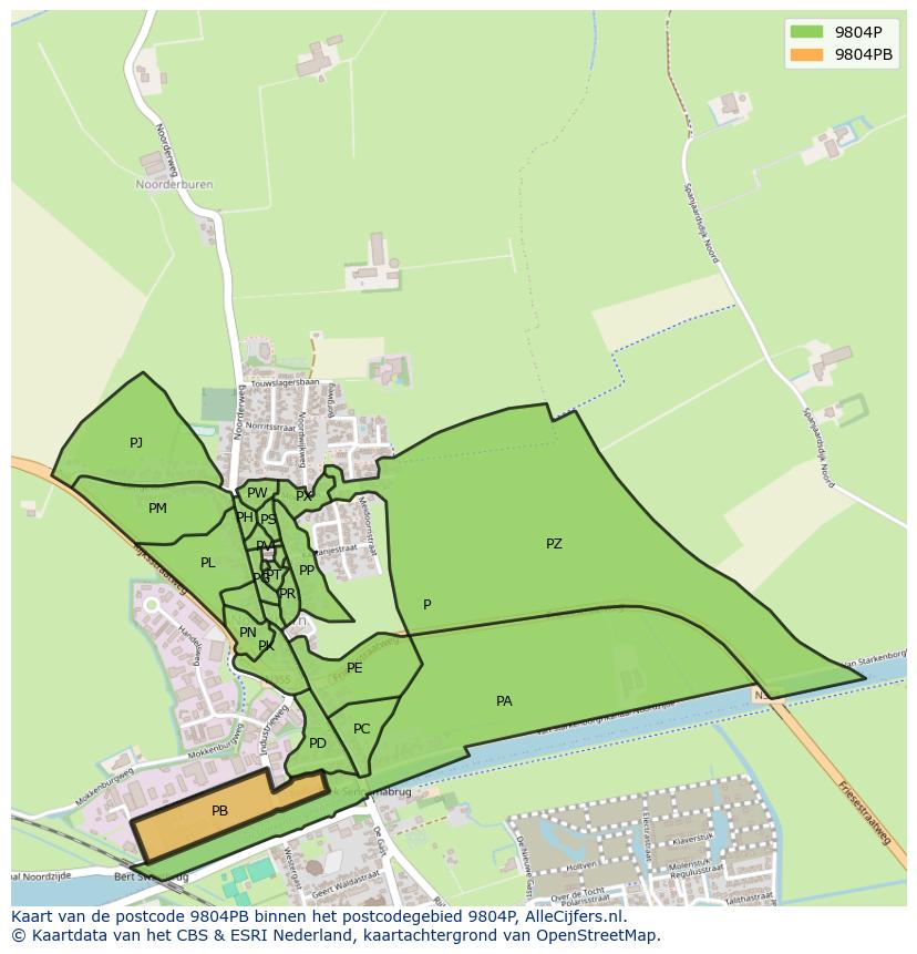 Afbeelding van het postcodegebied 9804 PB op de kaart.