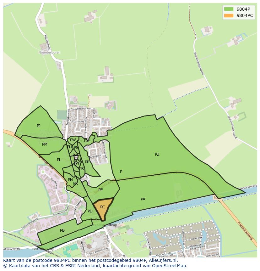Afbeelding van het postcodegebied 9804 PC op de kaart.