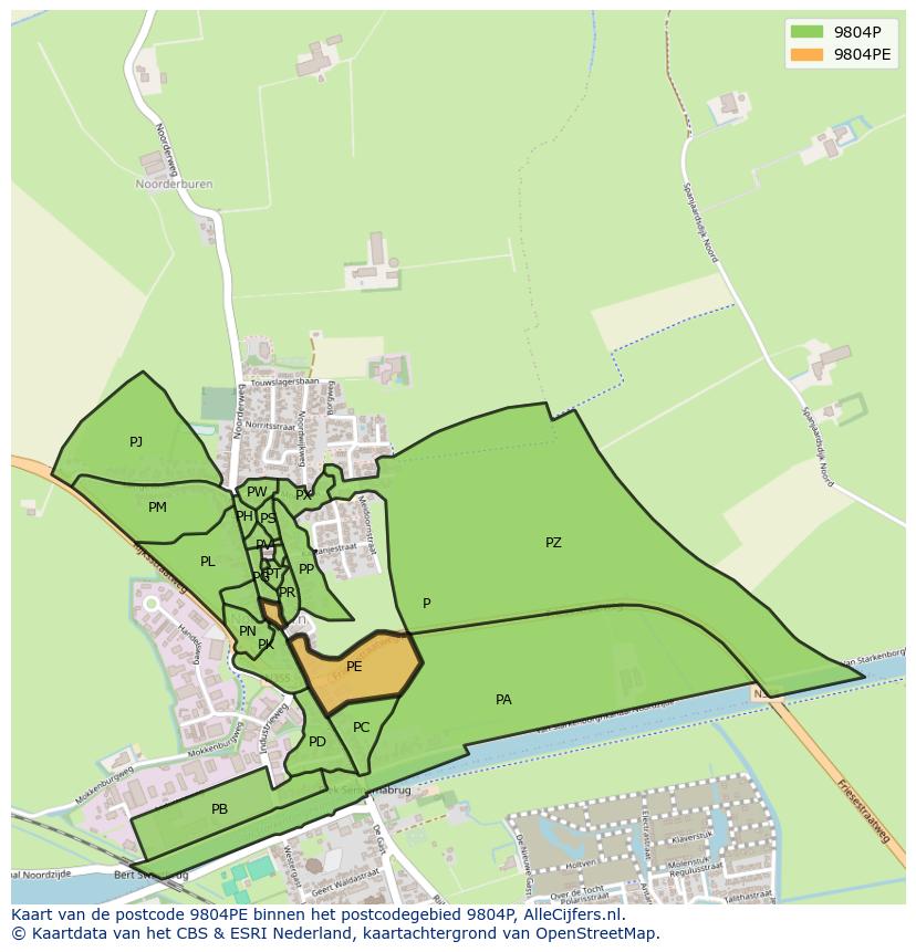 Afbeelding van het postcodegebied 9804 PE op de kaart.
