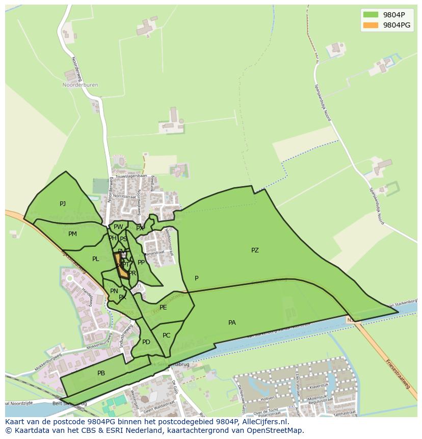 Afbeelding van het postcodegebied 9804 PG op de kaart.