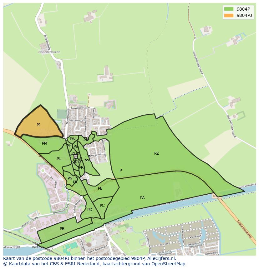 Afbeelding van het postcodegebied 9804 PJ op de kaart.