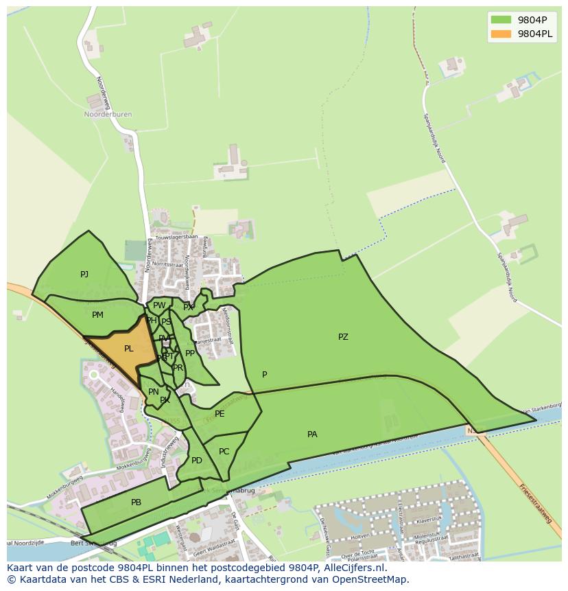 Afbeelding van het postcodegebied 9804 PL op de kaart.