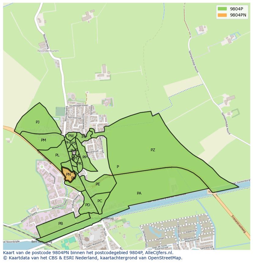 Afbeelding van het postcodegebied 9804 PN op de kaart.
