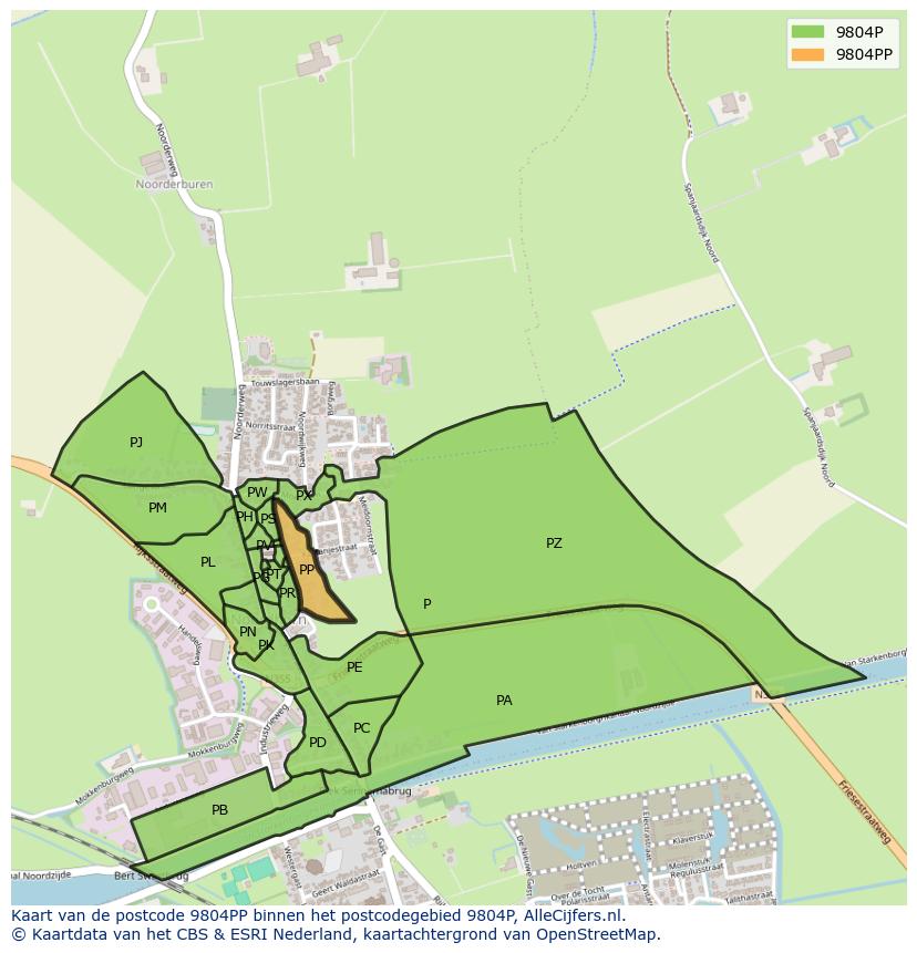 Afbeelding van het postcodegebied 9804 PP op de kaart.