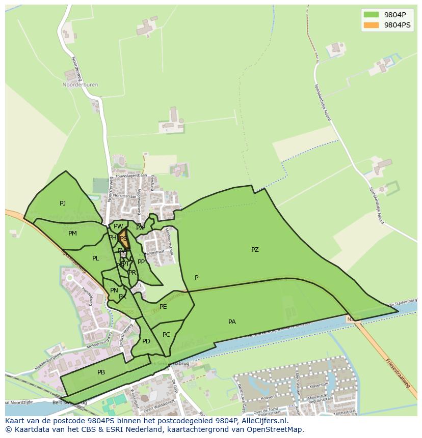Afbeelding van het postcodegebied 9804 PS op de kaart.