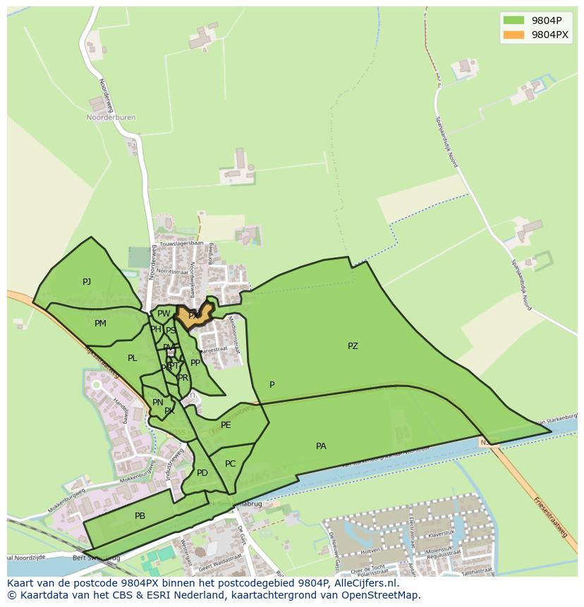 Afbeelding van het postcodegebied 9804 PX op de kaart.