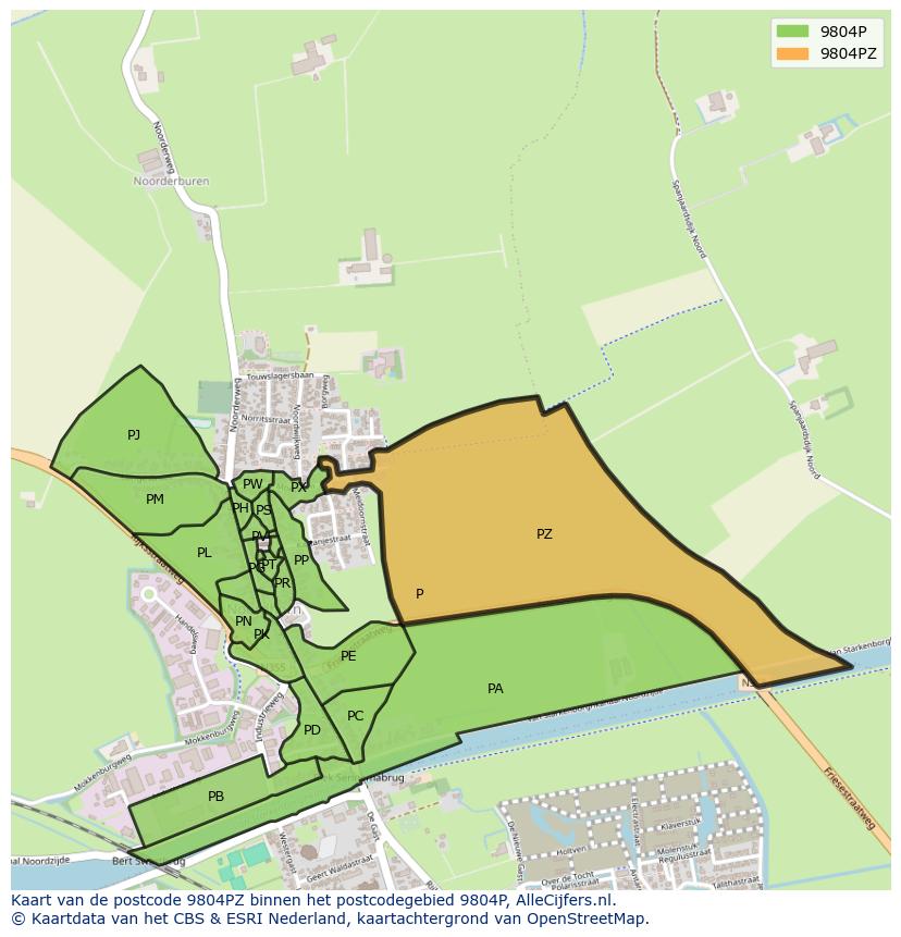 Afbeelding van het postcodegebied 9804 PZ op de kaart.