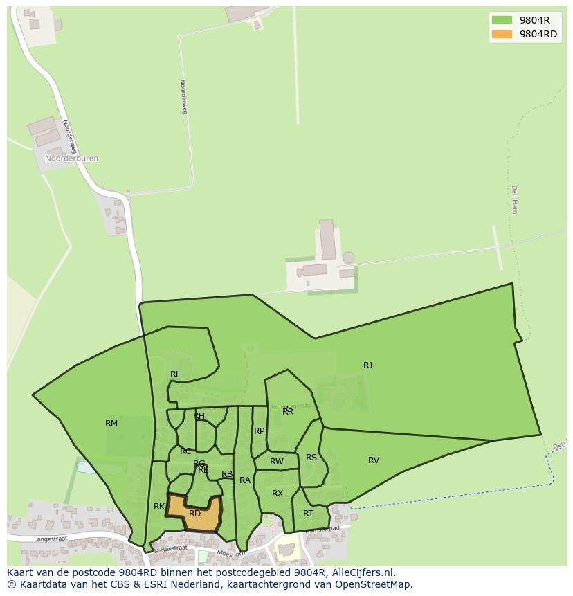 Afbeelding van het postcodegebied 9804 RD op de kaart.