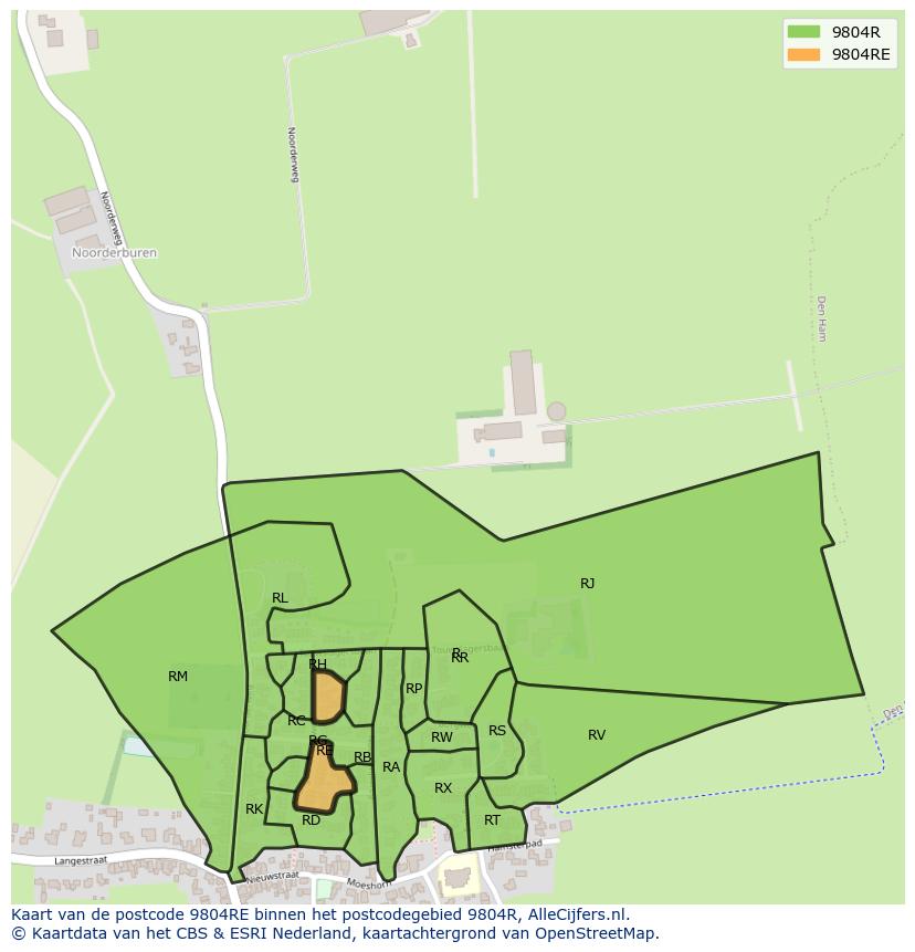 Afbeelding van het postcodegebied 9804 RE op de kaart.