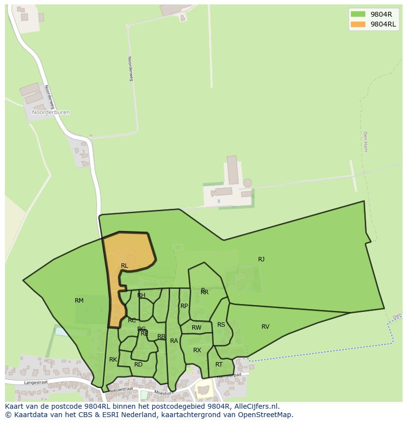 Afbeelding van het postcodegebied 9804 RL op de kaart.