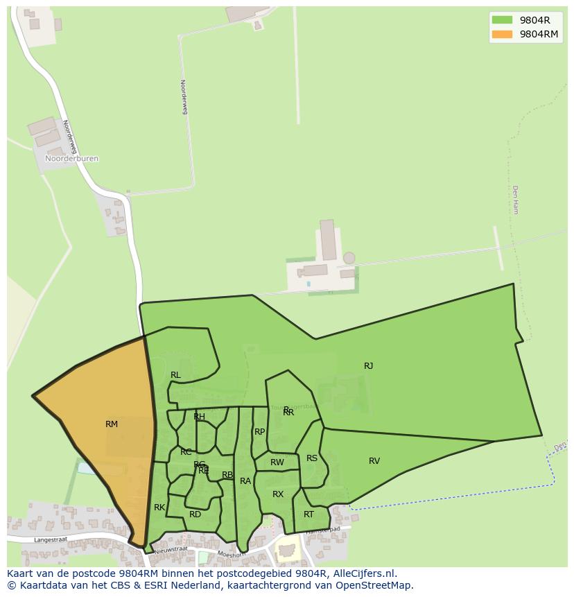 Afbeelding van het postcodegebied 9804 RM op de kaart.