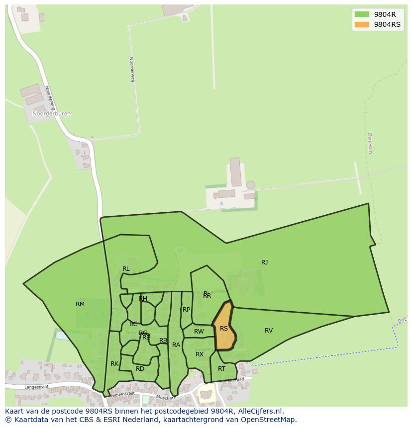 Afbeelding van het postcodegebied 9804 RS op de kaart.