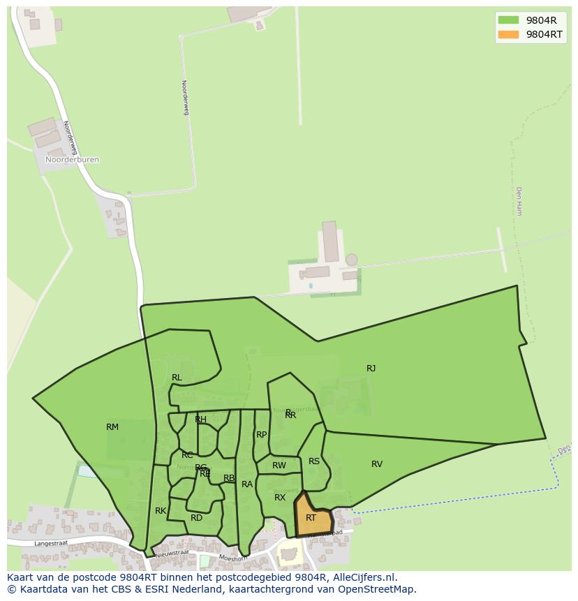 Afbeelding van het postcodegebied 9804 RT op de kaart.