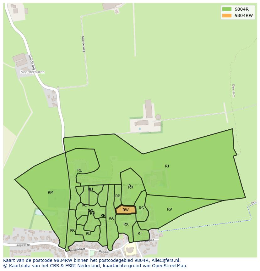 Afbeelding van het postcodegebied 9804 RW op de kaart.